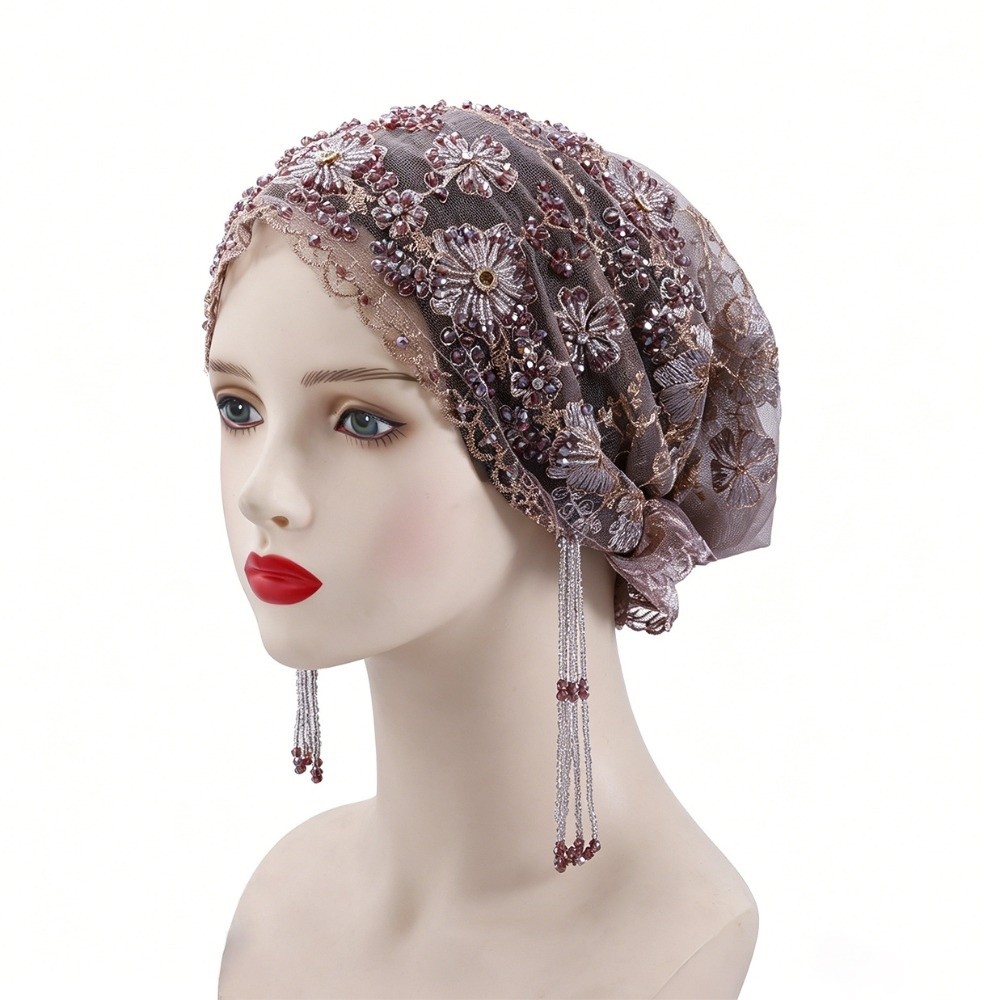 Women Fashion Hats - Shiny Beads Turban Hat Flower Embroidery
