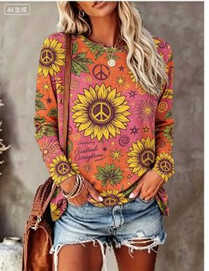 Women Fashion Styles - Women Long Sleeve T‑Shirt Hippie Daisy