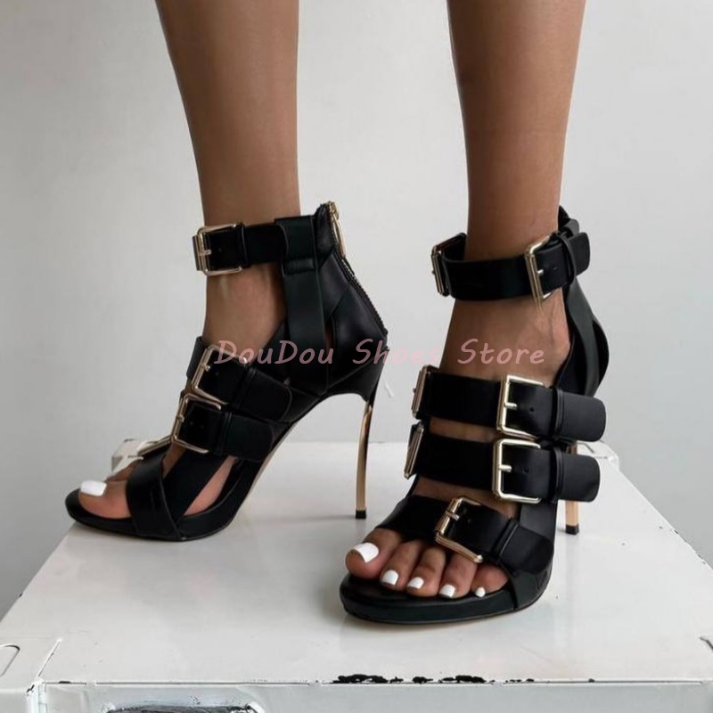 Fashion Women Belt - Black Belt Buckle Open Toe Metal