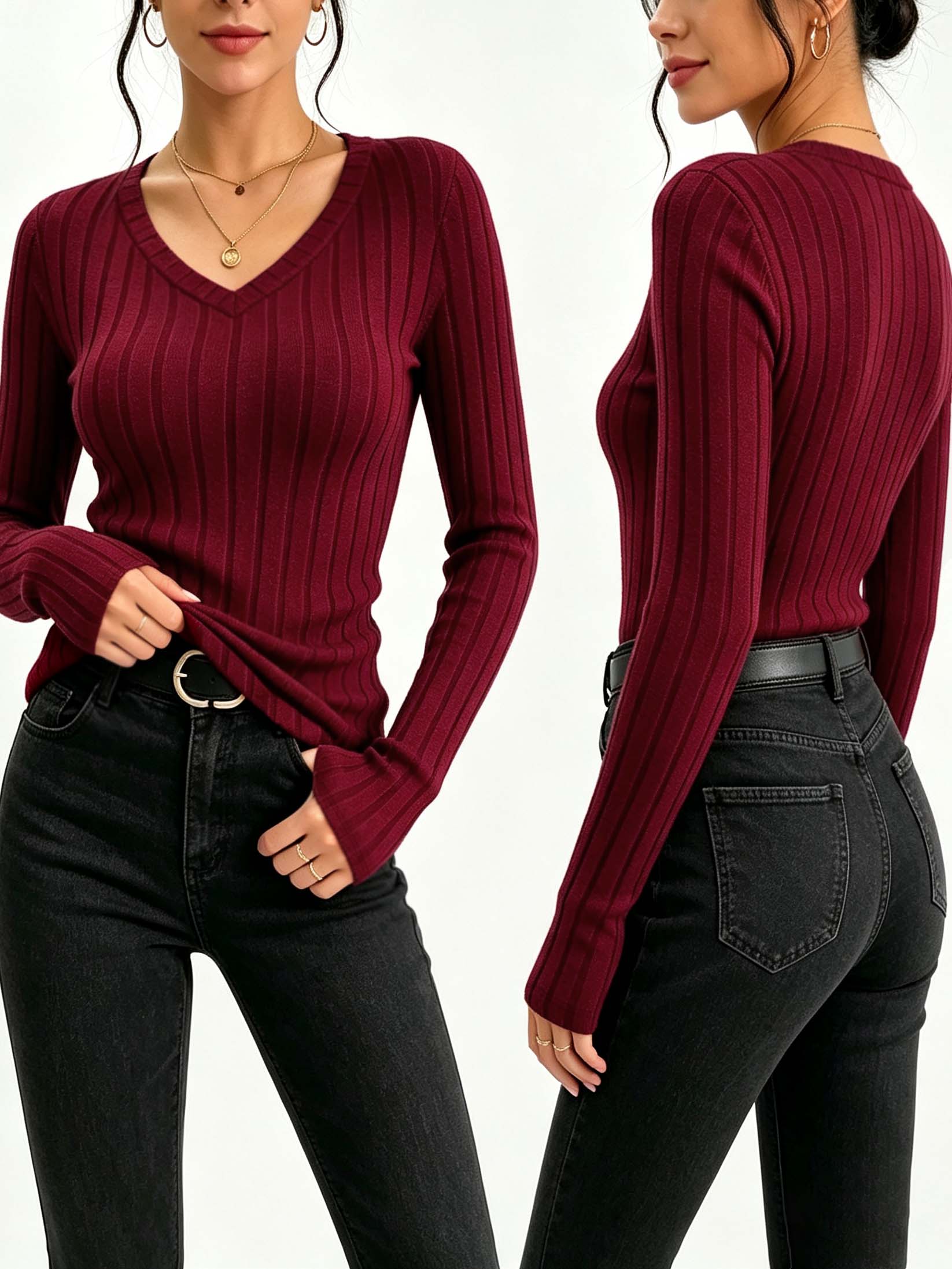 Women Solid V‑Neck Ribbed Knit - Women Fashion Styles recension och pris