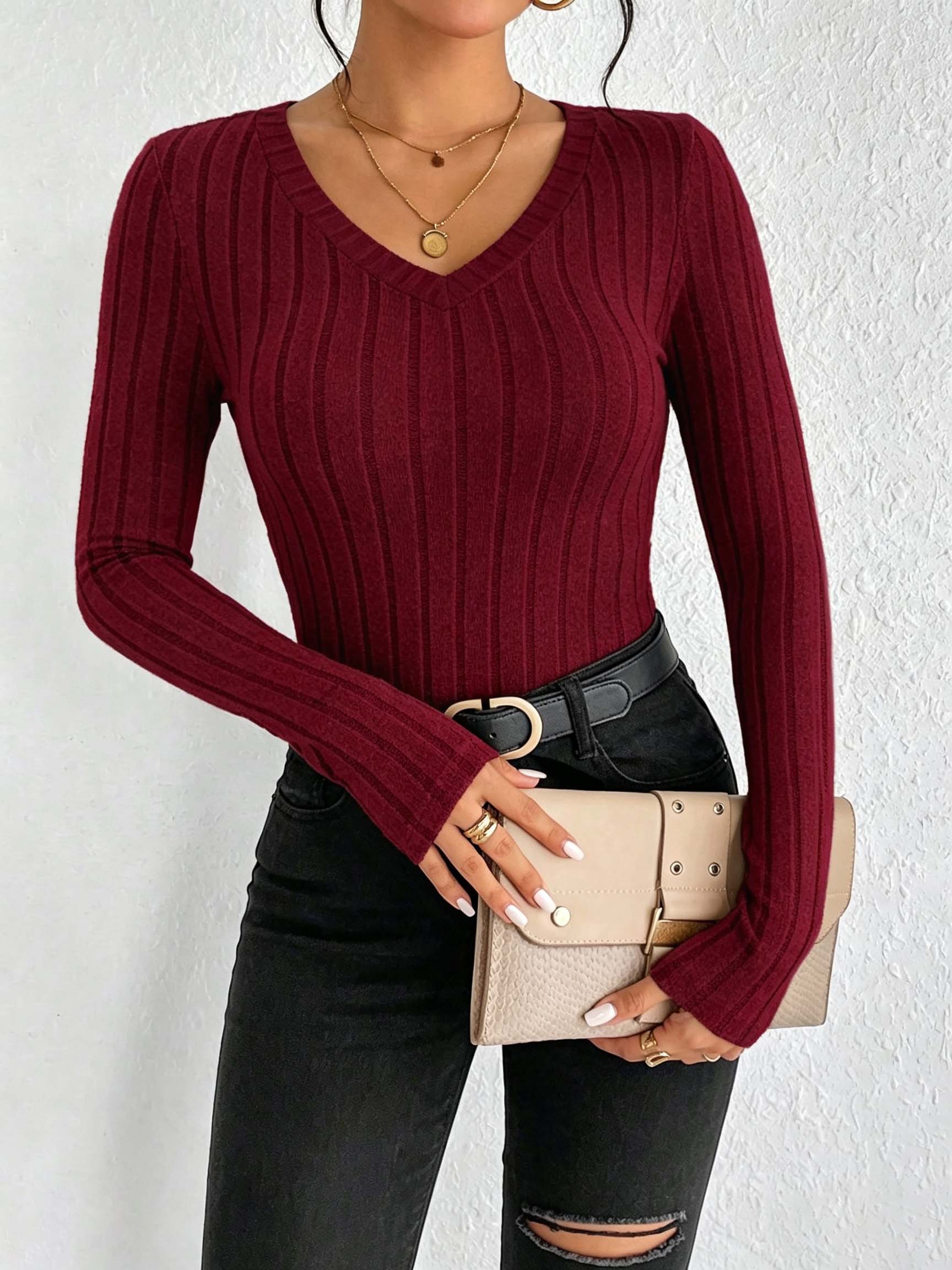 Women Solid V‑Neck Ribbed Knit - Women Fashion Styles recension och pris