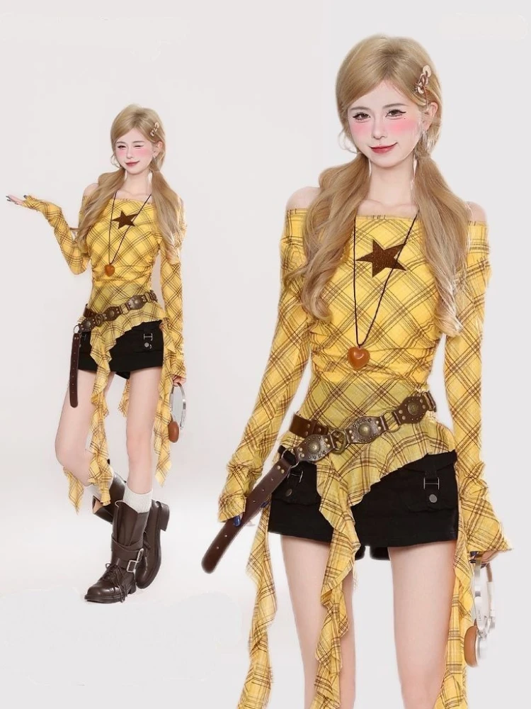 Y2K Plaid Slash Neck Vintage T - Women Top Fashion recension och pris