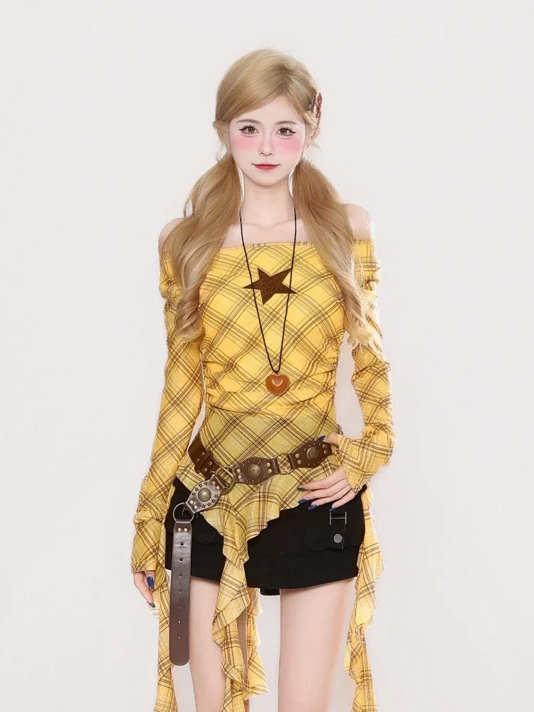 Y2K Plaid Slash Neck Vintage T - Women Top Fashion recension och pris