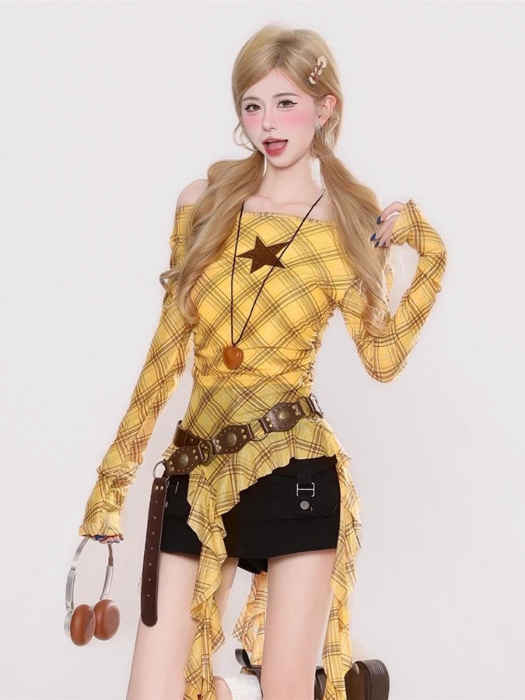 Y2K Plaid Slash Neck Vintage T - Women Top Fashion recension och pris